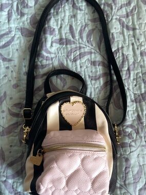 Betsey Johnson Black Cream & Pastel Pink Striped Mini Backpack (Convertible)